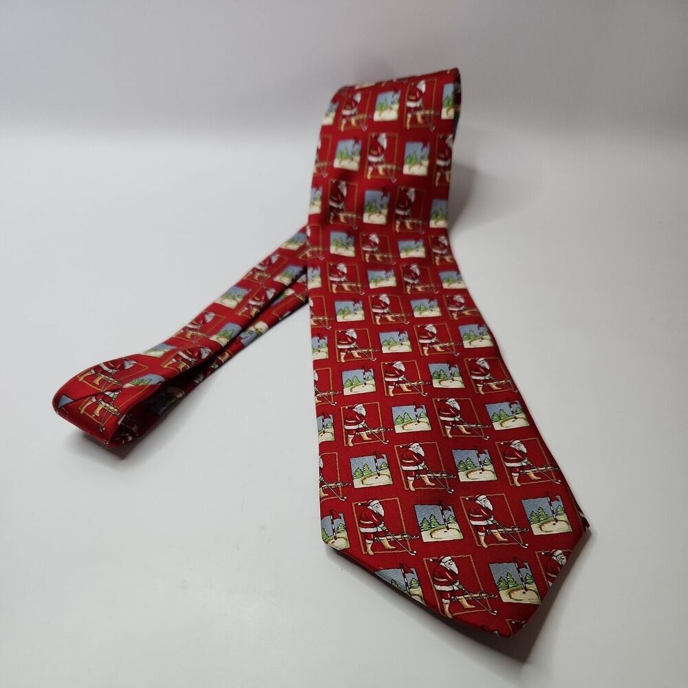 Hallmark Holiday Traditions Christmas Tie Golf Santa Red Novelty USA 100% silk
